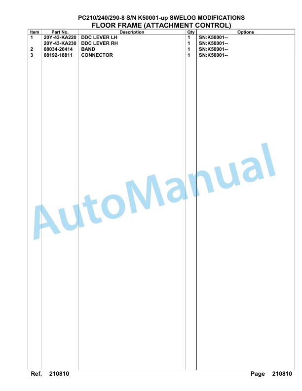 Komatsu PC210-8, PC240-8, PC290-8 Hydraulic Excavator Parts Manual K50001-UP-4