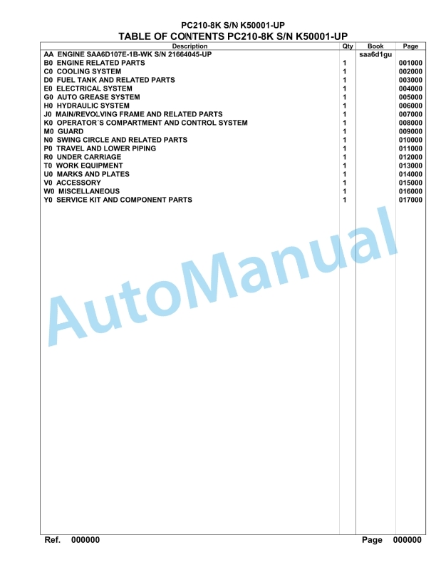 Komatsu PC210-8K Hydraulic Excavator Parts Manual SAA6D1GU