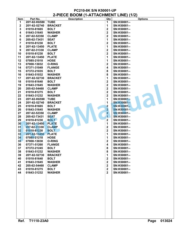 Komatsu PC210-8K Hydraulic Excavator Parts Manual SAA6D1GU-4