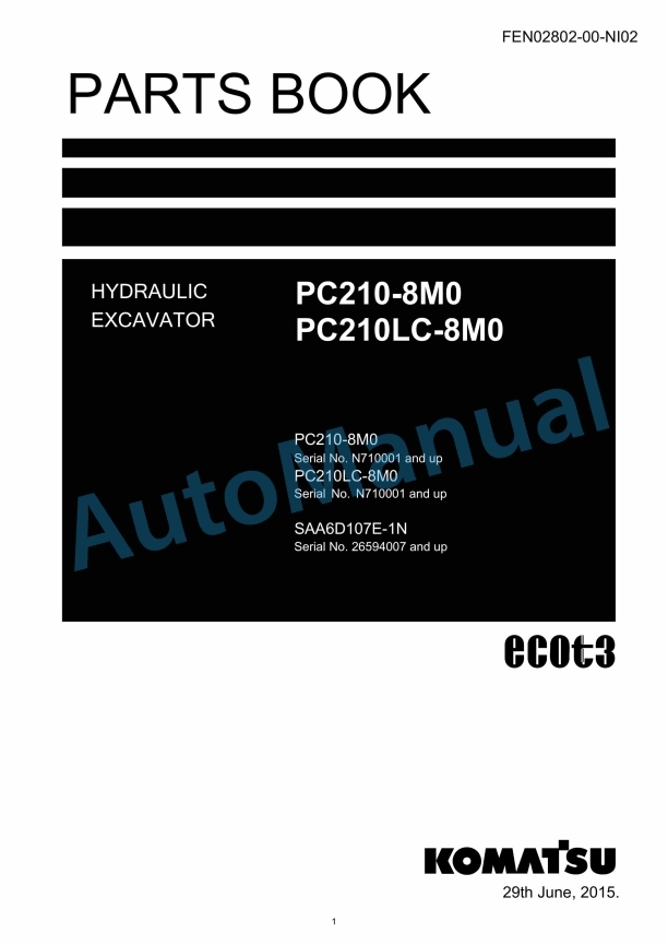 Komatsu PC210-8M0, PC210LC-8M0 Hydraulic Excavator Parts Manual FEN02802-00-NI02