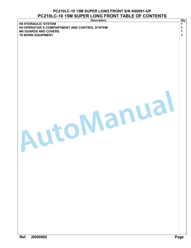 Komatsu PC210LC-10 15M Super Long Front Hydraulic Excavator Parts Manual K60001-UP