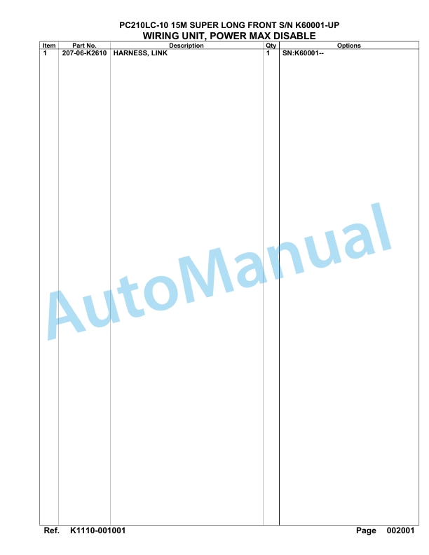 Komatsu PC210LC-10 15M Super Long Front Hydraulic Excavator Parts Manual K60001-UP-3