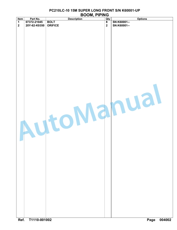 Komatsu PC210LC-10 15M Super Long Front Hydraulic Excavator Parts Manual K60001-UP-4