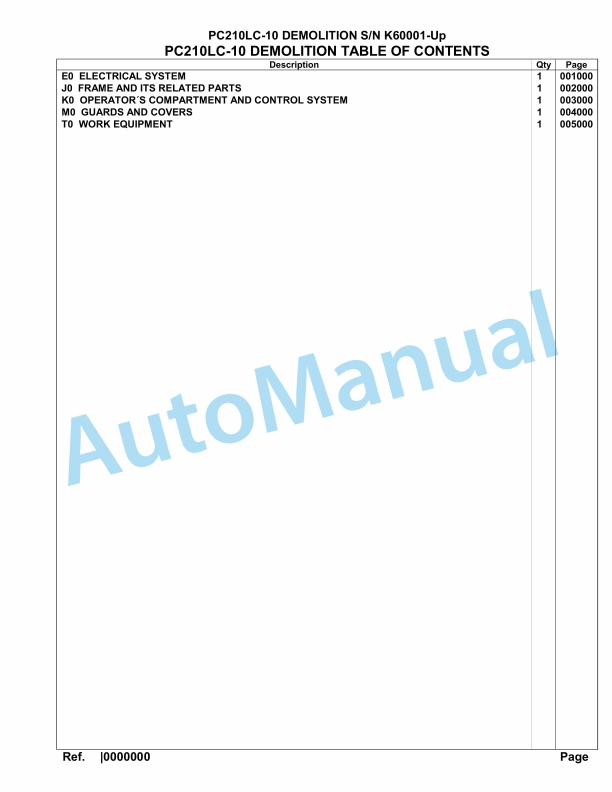 Komatsu PC210LC-10 Demolition Hydraulic Excavator Parts Manual K60001-UP