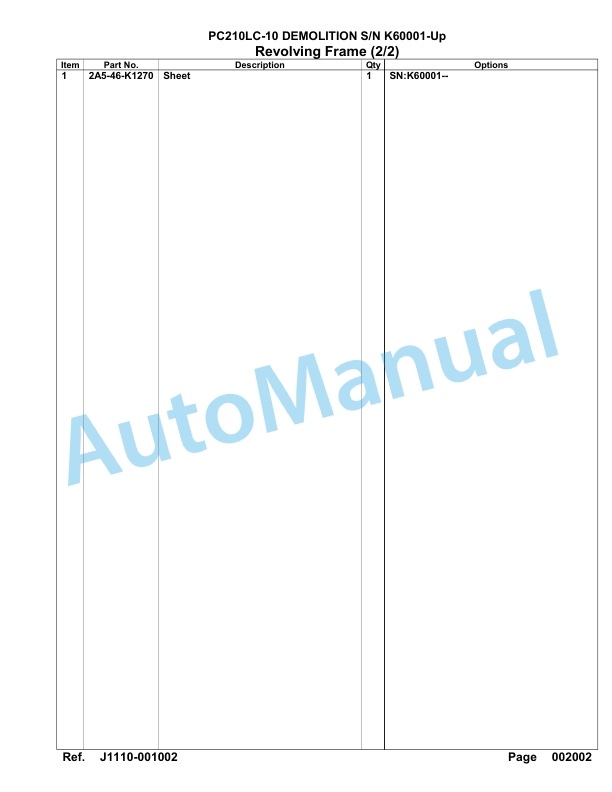 Komatsu PC210LC-10 Demolition Hydraulic Excavator Parts Manual K60001-UP-2