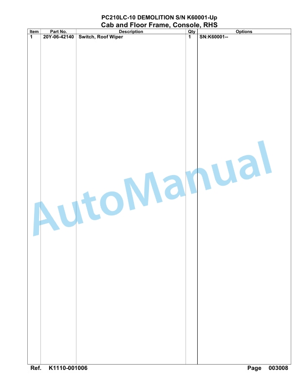 Komatsu PC210LC-10 Demolition Hydraulic Excavator Parts Manual K60001-UP-4