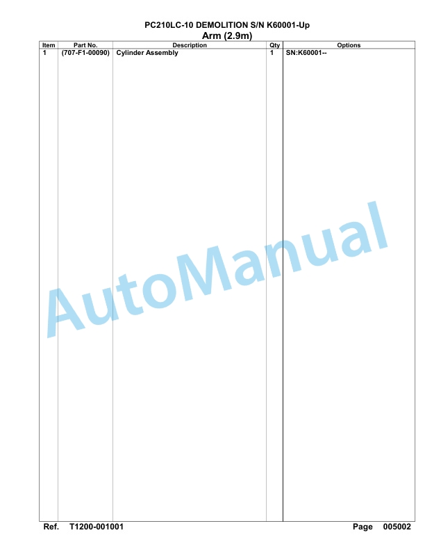 Komatsu PC210LC-10 Demolition Hydraulic Excavator Parts Manual K60001-UP-5