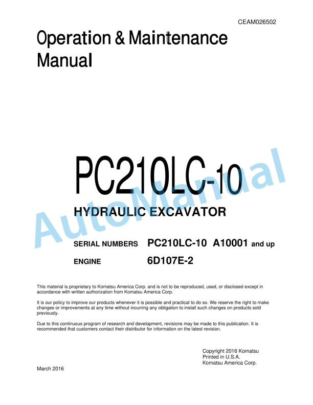 Komatsu PC210LC-10 Hydraulic Excavator Operation and Maintenance Manual CEAM026502