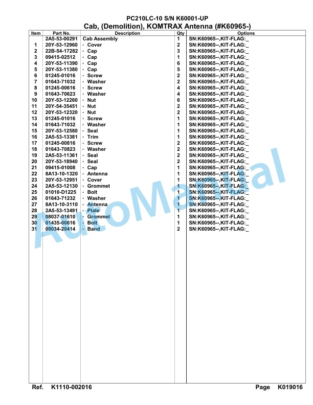 Komatsu PC210LC-10 Hydraulic Excavator Parts Manual SAA6DE2U-4