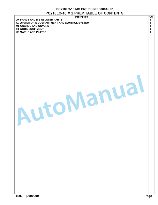 Komatsu PC210LC-10 MG PREP Hydraulic Excavator Parts Manual K60001-UP