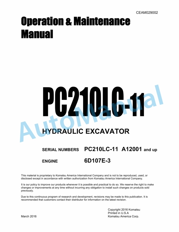 Komatsu PC210LC-11 Hydraulic Excavator Operation and Maintenance Manual CEAM029002