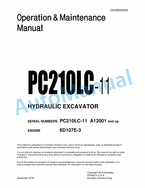 Komatsu PC210LC-11 Hydraulic Excavator Operation and Maintenance Manual CEAM029003
