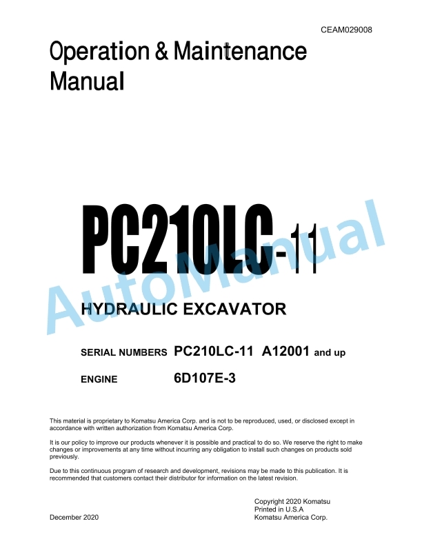 Komatsu PC210LC-11 Hydraulic Excavator Operation and Maintenance Manual CEAM029008