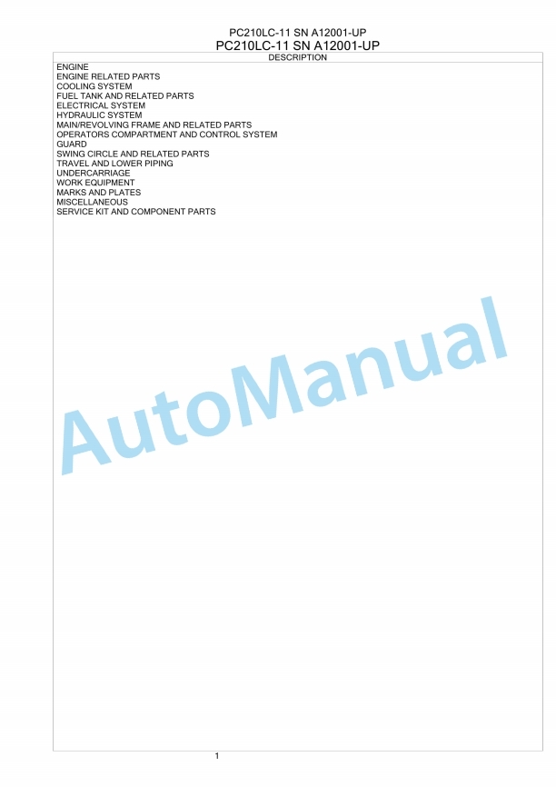 Komatsu PC210LC-11 Hydraulic Excavator Parts Manual A12001 UP