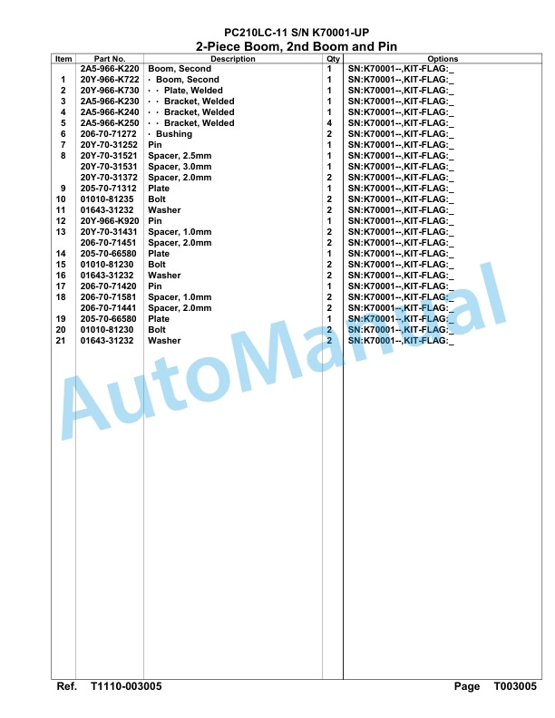 Komatsu PC210LC-11 Hydraulic Excavator Parts Manual PC00016U-5