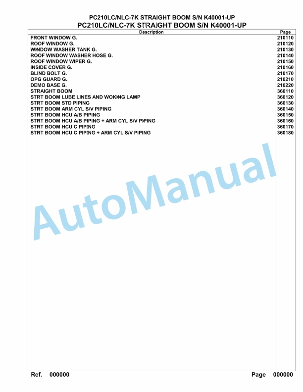 Komatsu PC210LC-7, PC210NLC-7K Straight Boom Hydraulic Excavator Parts Manual K40001-UP