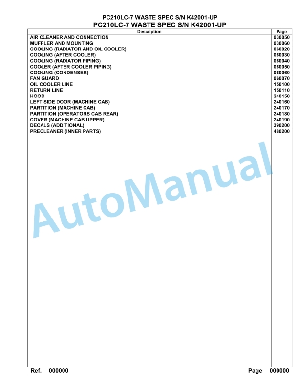 Komatsu PC210LC-7 Waste Spec Hydraulic Excavator Parts Manual K42001-UP