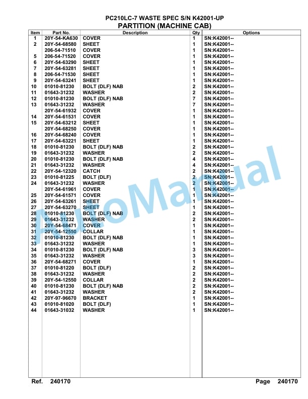 Komatsu PC210LC-7 Waste Spec Hydraulic Excavator Parts Manual K42001-UP-5
