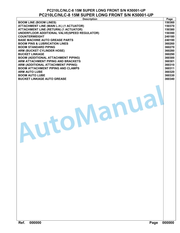 Komatsu PC210LC-8, PC210NLC-8 15M Super Long Front Hydraulic Excavator Parts Manual K50001-up