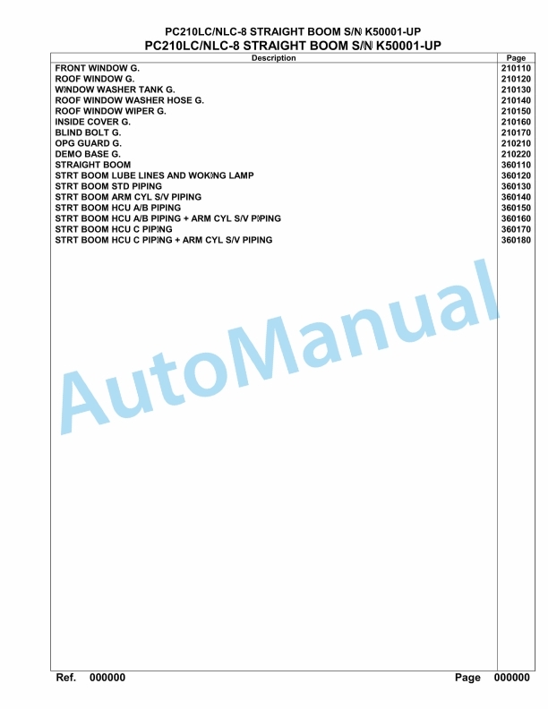 Komatsu PC210LC-8, PC210NLC-8 Straight Boom Hydraulic Excavator Parts Manual K50001-up