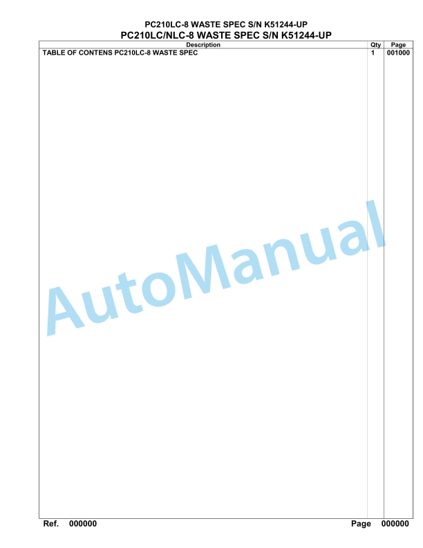 Komatsu PC210LC-8, PC210NLC-8 Waste Spec Hydraulic Excavator Parts Manual K51244-UP