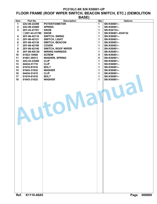 Komatsu PC210LC-8K Hydraulic Excavator Parts Manual SAA6D1GU-3