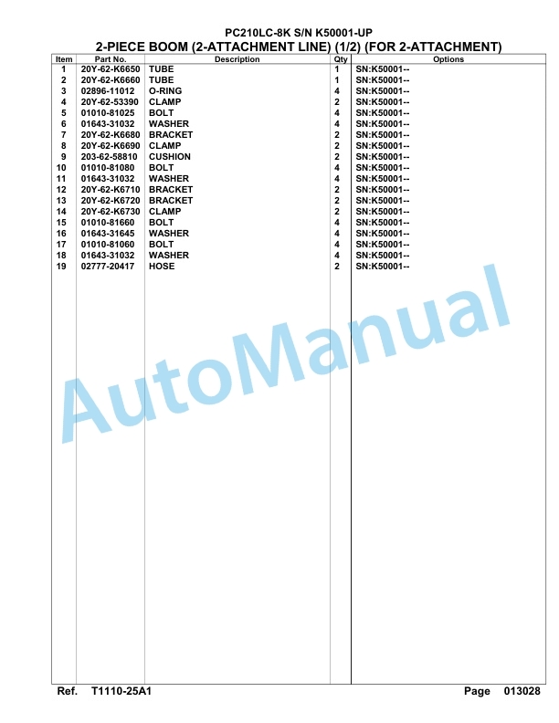 Komatsu PC210LC-8K Hydraulic Excavator Parts Manual SAA6D1GU-4