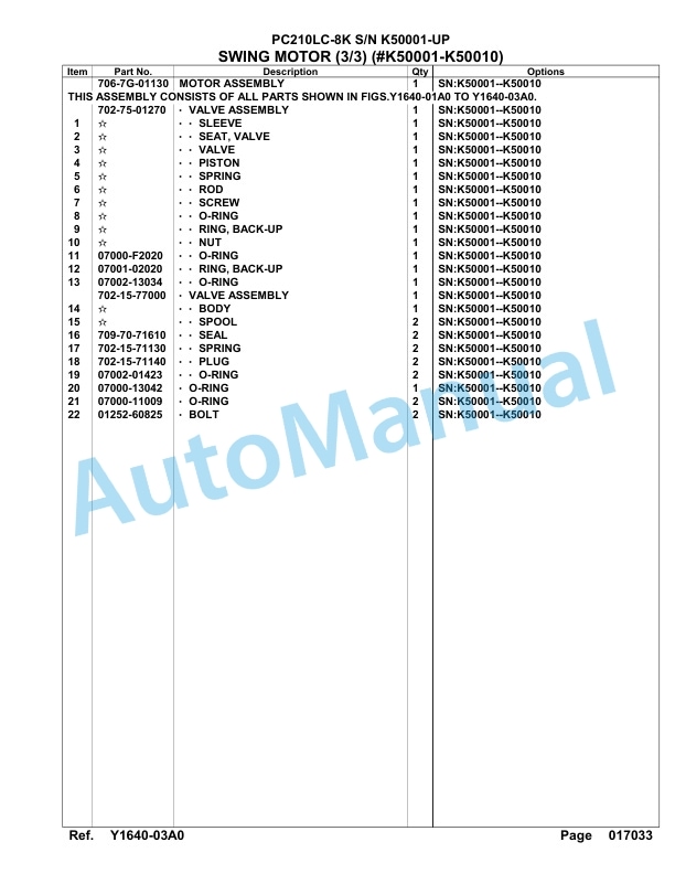 Komatsu PC210LC-8K Hydraulic Excavator Parts Manual SAA6D1GU-5