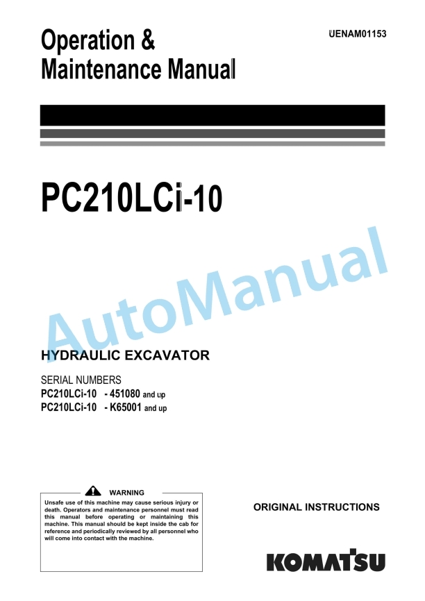 Komatsu PC210LCi-10 Hydraulic Excavator Operation and Maintenance Manual UENAM01153