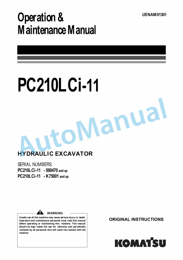 Komatsu PC210LCi-11 Hydraulic Excavator Operation and Maintenance Manual UENAM01301
