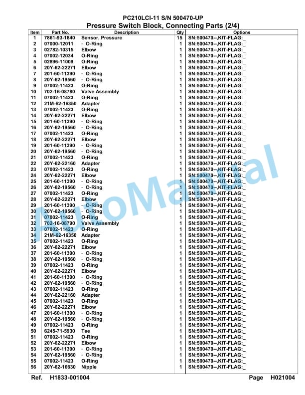 Komatsu PC210LCI-11 Hydraulic Excavator Parts Manual PC00035U-3