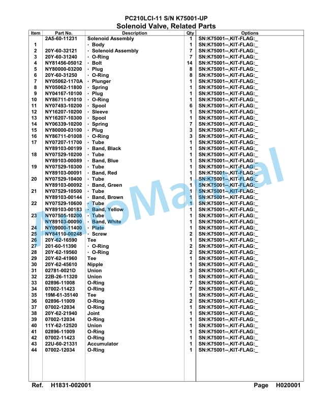 Komatsu PC210LCI-11 Hydraulic Excavator Parts Manual PC00037U-3