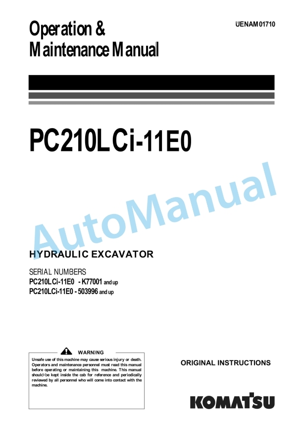 Komatsu PC210LCi-11E0 Hydraulic Excavator Operation and Maintenance Manual UENAM01710