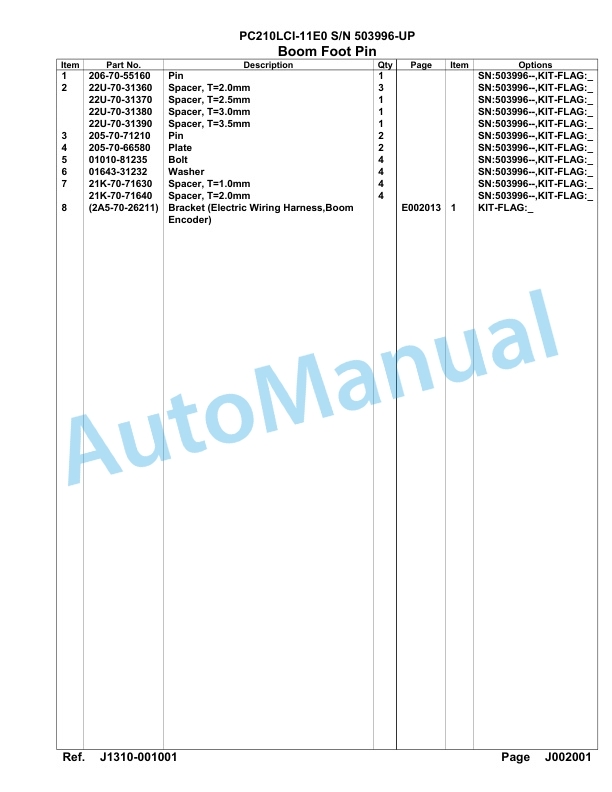 Komatsu PC210LCI-11E0 Hydraulic Excavator Parts Manual PC00097U-3