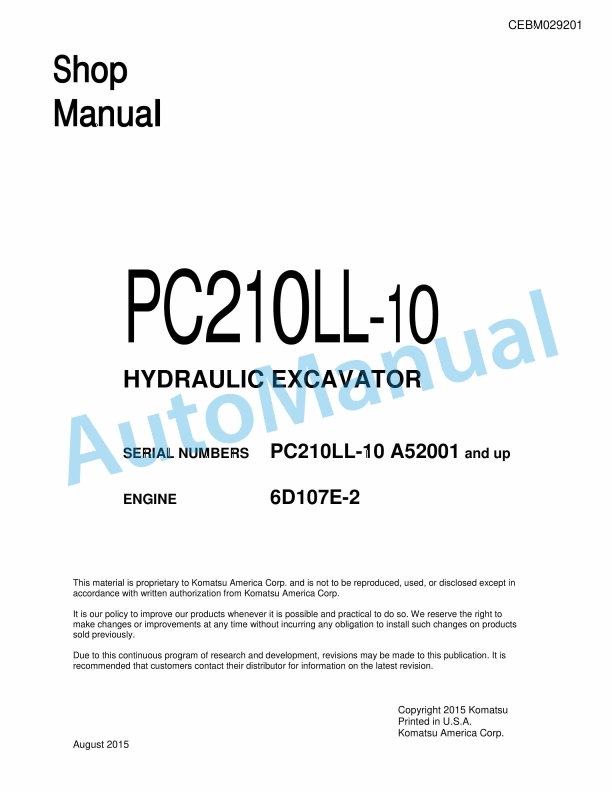 Komatsu PC210LL-10 Hydraulic Excavator Shop Manual CEBM029201