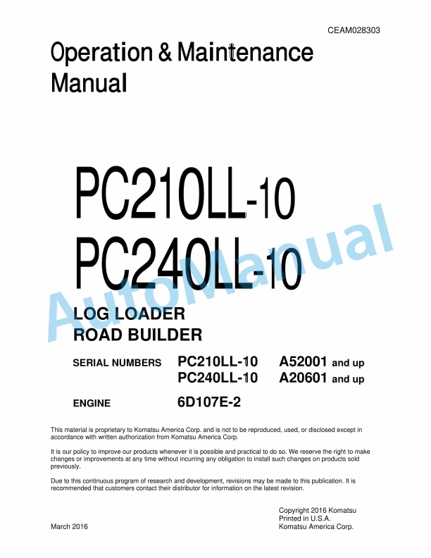 Komatsu PC210LL-10, PC240LL-10 Log Loader Operation and Maintenance Manual CEAM028303