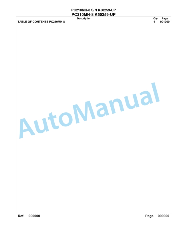 Komatsu PC210MH-8 Hydraulic Excavator Parts Manual K50259-up