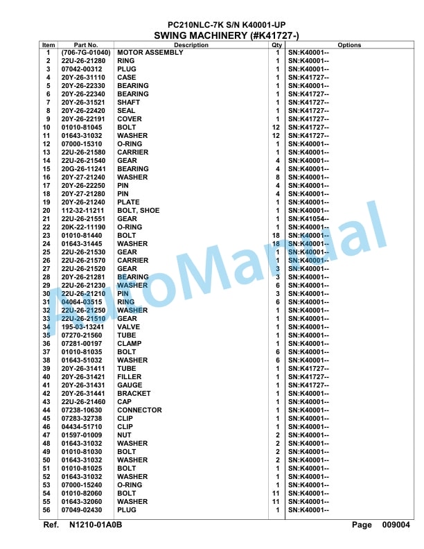 Komatsu PC210NLC-7K Hydraulic Excavator Parts Manual SAA6D15U-4