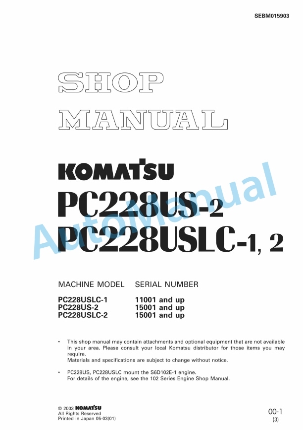 Komatsu PC228US-2, PC228USLC-1, PC228USLC-2 Shop Manual SEBM015903