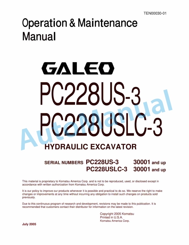 Komatsu PC228US-3, PC228USLC-3 Galeo Hydraulic Excavator Operation and Maintenance Manual TEN00030-01