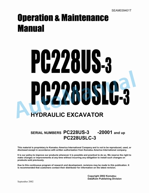 Komatsu PC228US-3, PC228USLC-3 Hydraulic Excavator Operation and Maintenance Manual SEAM039401T