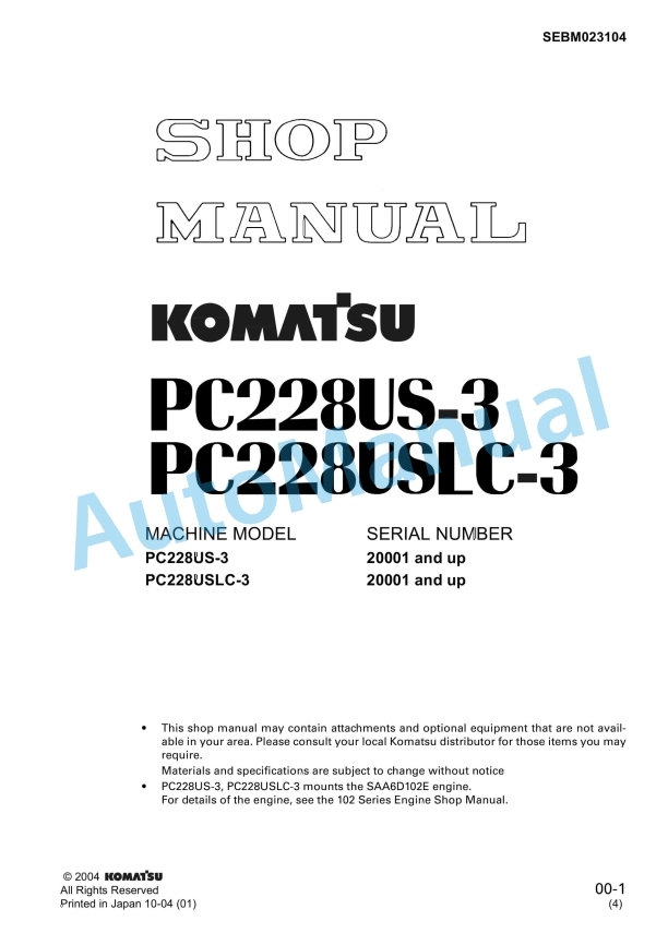Komatsu PC228US-3, PC228USLC-3 Hydraulic Excavator Shop Manual SEBM023104