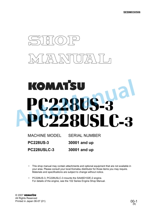 Komatsu PC228US-3, PC228USLC-3 Hydraulic Excavator Shop Manual SEBM030506