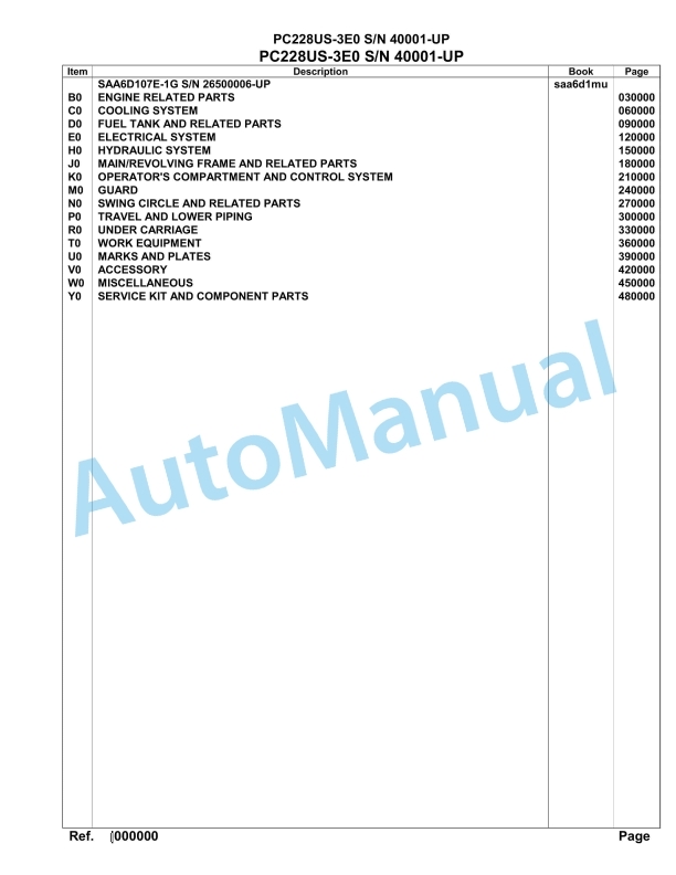 Komatsu PC228US-3E0 Hydraulic Excavator Parts Manual SAA6D1MU