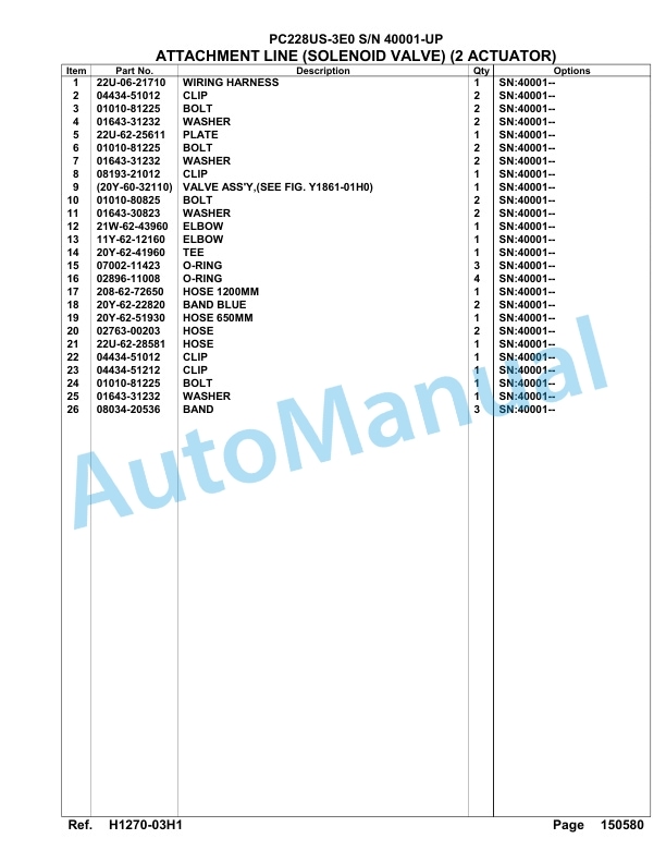 Komatsu PC228US-3E0 Hydraulic Excavator Parts Manual SAA6D1MU-2