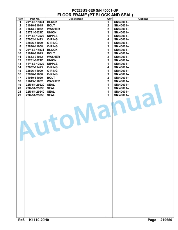Komatsu PC228US-3E0 Hydraulic Excavator Parts Manual SAA6D1MU-3