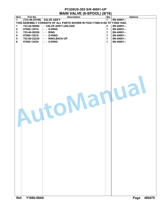 Komatsu PC228US-3E0 Hydraulic Excavator Parts Manual SAA6D1MU-5