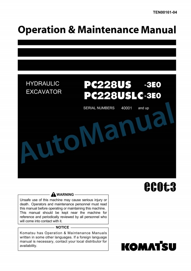 Komatsu PC228US-3E0, PC228USLC-3E0 Hydraulic Excavator Shop Manual TEN00161-04