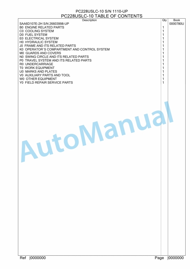 Komatsu PC228USLC-10 Hydraulic Excavator Parts Manual PC0000780U