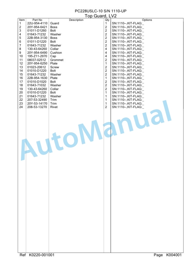 Komatsu PC228USLC-10 Hydraulic Excavator Parts Manual PC0000780U-3